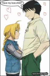 Rule 34 | 2boys, amputee, annoyed, black hair, blonde hair, braid, crossed arms, edward elric, fullmetal alchemist, glaring, heart, lowres, male focus, multiple boys, prosthesis, roy mustang, size difference, vest, yaoi, yellow eyes
