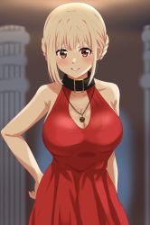Rule 34 | 1girl, alternate breast size, alternate costume, armpit crease, bare shoulders, bdsm, belt collar, blonde hair, blurry, blurry background, blush, breasts, brown eyes, cleavage, cleavage cutout, clothing cutout, cocktail dress, collar, covered navel, dars (recolors), double bun, dress, evening gown, feet out of frame, hair between eyes, hair bun, hand on own hip, highres, jewelry, large breasts, light smile, looking at viewer, lycoris recoil, nishikigi chisato, no bra, parted lips, pendant, pillar, red dress, short hair, slave, sleeveless, sleeveless dress, smile, solo, standing, wide hips
