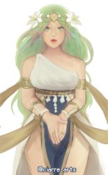Rule 34 | 1girl, absurdres, alternate costume, ciarre, closed mouth, crown, dancer, dancer (fire emblem: three houses), dress, female focus, fire emblem, fire emblem: three houses, flower, green eyes, green hair, hair flower, hair ornament, highres, jewelry, long hair, matching hair/eyes, nintendo, own hands together, rhea (fire emblem), simple background, solo, thighs, tiara