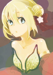 Rule 34 | 1girl, :o, bikini, blonde hair, blue eyes, bow, breasts, commentary request, detached sleeves, double bun, flower, gypsy (ragnarok online), hair between eyes, hair bow, hair bun, hair flower, hair ornament, looking to the side, negi mugiya, open mouth, pink flower, ragnarok online, red bow, red sleeves, sequins, short hair, small breasts, solo, strapless, strapless bikini, swimsuit, upper body, yellow bikini