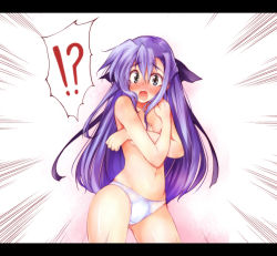 Rule 34 | !?, 00s, 1girl, blue eyes, blush, bow, bow panties, covering privates, covering breasts, d:, emphasis lines, full-face blush, ginga nakajima, kawakami shuuichi, letterboxed, long hair, lyrical nanoha, mahou shoujo lyrical nanoha, mahou shoujo lyrical nanoha strikers, navel, open mouth, panties, purple hair, shu (artist), solo, surprised, topless, underwear
