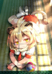 Rule 34 | 10s, 1girl, animal ears, ball, blonde hair, blush, fang, kemono friends, lion (kemono friends), lion ears, lion tail, looking at viewer, lying, necktie, on stomach, red necktie, red skirt, short hair, skirt, solo, tail, yoshimura (yoshimura4shi)