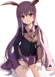 Rule 34 | 1girl, animal ears, black jacket, blazer, closed jacket, closed mouth, collared shirt, happy, highres, jacket, long hair, long sleeves, looking at viewer, miniskirt, natsume suzuri, necktie, pleated skirt, purple hair, purple skirt, rabbit ears, rabbit tail, red eyes, red necktie, reisen udongein inaba, shirt, simple background, sitting, skirt, smile, tail, thighs, touhou, very long hair, white background, white shirt