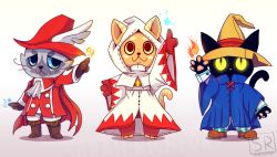 Rule 34 | :3, arm up, barefoot, black cat, black mage (final fantasy), blue eyes, boots, brown footwear, cat, final fantasy, fire, furrification, furry, grey cat, hat, hood, hoodie, long sleeves, looking at viewer, magic, orange cat, pants, pointing, pointing up, red hat, red mage (final fantasy), shoes, signature, standing, star (symbol), striped clothes, striped pants, techranova, white eyes, white hat, white mage (final fantasy), witch hat, yellow eyes, yellow hat