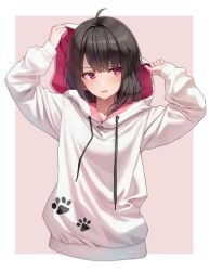 Rule 34 | 1girl, ahoge, black hair, commentary request, hands up, highres, hood, hooded jacket, jacket, long sleeves, looking to the side, medium hair, open mouth, original, outside border, paw print, pink eyes, solo, superpig, two-tone background, white jacket