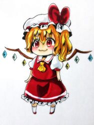 Rule 34 | 1girl, :3, amegnco3, ascot, blonde hair, blush, bow, chibi, closed mouth, collared shirt, flandre scarlet, frilled skirt, frills, full body, hair between eyes, hat, hat bow, hat ribbon, highres, light smile, medium hair, multicolored wings, one side up, puffy short sleeves, puffy sleeves, red bow, red eyes, red footwear, red ribbon, red skirt, red vest, ribbon, shirt, short sleeves, skirt, skirt set, socks, solo, touhou, vest, white background, white hat, white shirt, white socks, wings, yellow ascot