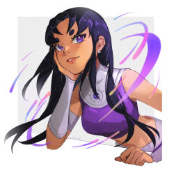 Rule 34 | 1girl, artist name, black hair, blackfire, blush, border, breasts, commentary, crop top, dc comics, earrings, energy, english commentary, eyelashes, gem, grey background, hand on own cheek, hand on own face, hand up, highres, jewelry, leaning forward, long hair, looking at viewer, medium breasts, midriff, outside border, parted bangs, parted lips, purple eyes, purple gemstone, purple shirt, shirt, short eyebrows, sidelocks, simple background, sleeveless, sleeveless shirt, smile, solo, syertse, teen titans, teeth, thick eyebrows, vambraces, white border