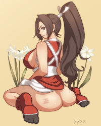 Rule 34 | 1girl, ass, body writing, breasts, brown hair, fatal fury, feet, flower, huge breasts, large breasts, looking back, meme50, no panties, ponytail, revealing clothes, shiranui mai, sideboob, sitting, snk, socks, solo, tally, the king of fighters, thighs, toes, wariza