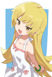Rule 34 | 1girl, absurdres, arms behind back, backless dress, backless outfit, bare arms, bare shoulders, blonde hair, collarbone, commentary, dress, fang, gazacy (dai), green bracelet, halterneck, highres, long hair, looking at viewer, monogatari (series), open mouth, oshino shinobu, sleeveless, sleeveless dress, smile, solo, tsurime, upper body, white dress, yellow eyes