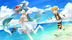 Rule 34 | 2girls, aqua eyes, aqua hair, arm up, barefoot, belt, blonde hair, bracelet, cloud, day, dress, hair ornament, hairclip, hat, hatsune miku, jewelry, lily (vocaloid), long hair, looking back, mashunyoro, multiple girls, open mouth, outdoors, outstretched arm, running, sandals, short hair, shorts, sky, sun hat, twintails, very long hair, vocaloid, water
