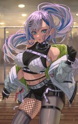 Rule 34 | 1girl, absurdres, aqua eyes, archinoer, blue hair, colored inner hair, crop top, earrings, fishnet pantyhose, fishnets, gloves, grey hair, hair ornament, hairclip, highres, hololive, hololive indonesia, jacket, jacket partially removed, jewelry, long hair, midriff, multicolored hair, navel, necklace, open mouth, pantyhose, pavolia reine, pavolia reine (streetwear), ponytail, shorts, single leg pantyhose, single thighhigh, skindentation, solo, streaked hair, sweat, thighhighs, virtual youtuber