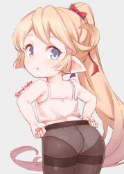 Rule 34 | 1girl, ass, bare arms, bare shoulders, black pantyhose, blonde hair, blue eyes, bow, camisole, charlotta (granblue fantasy), commentary request, cowboy shot, female focus, from behind, granblue fantasy, hair bow, harvin, jingai modoki, long hair, looking at viewer, looking back, open mouth, panties, panties under pantyhose, pantyhose, pointy ears, ponytail, red bow, simple background, solo, spaghetti strap, standing, thighband pantyhose, twitter username, underwear, very long hair, white panties