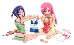 Rule 34 | 2girls, :d, absurdres, bare shoulders, barefoot, bikini, blue hair, blush, breast padding, camisole, clothes in front, covering privates, dress, embarrassed, feet, flat chest, full body, green eyes, hair ribbon, hairband, hayate no gotoku!, highres, katsura hinagiku, long hair, looking back, multiple girls, nishizawa ayumu, official art, open mouth, panties, pink hair, ribbon, scan, short hair, side-tie bikini bottom, simple background, sitting, smile, soles, swimsuit, twintails, underwear, underwear only, wariza, white background, yellow eyes