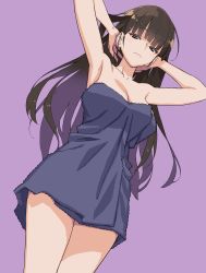 Rule 34 | 1girl, absurdres, armpits, arms behind head, arms up, black eyes, black towel, blunt bangs, breasts, brown hair, cleavage, closed mouth, commentary, cowboy shot, girls und panzer, half-closed eyes, highres, large breasts, light frown, long hair, looking at viewer, mature female, naked towel, nishizumi shiho, ouma bunshichirou, purple background, simple background, solo, standing, straight hair, towel
