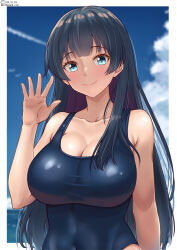 Rule 34 | 1girl, agano (kancolle), alternate costume, black hair, blue eyes, blue one-piece swimsuit, blush, border, breasts, cleavage, cloud, cloudy sky, collarbone, covered navel, day, highres, kantai collection, large breasts, long hair, looking at viewer, one-piece swimsuit, school swimsuit, shiromaru (maniado), sky, smile, solo, swimsuit, upper body, white border