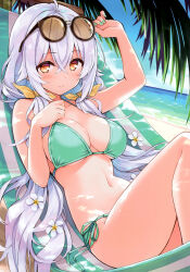 Rule 34 | 1girl, absurdres, bare arms, bare shoulders, beach, bikini, blue sky, blush, breasts, cleavage, closed mouth, cloud, cloudy sky, cu-no, day, eyewear on head, fingernails, flower, hammock, highres, hisen kaede, long hair, looking at viewer, medium breasts, nail polish, navel, ocean, outdoors, palm leaf, rapua qive, scan, side-tie bikini bottom, simple background, sky, solo, stomach, striped, sunglasses, swimsuit, water, white hair, yellow eyes