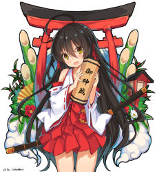 Rule 34 | 1girl, ahoge, alternate costume, bamboo, bare shoulders, black hair, blush, detached sleeves, flower, hand fan, japanese clothes, long hair, looking at viewer, miko, open mouth, red flower, red rose, rokushou, rose, shakugan no shana, shana, smile, solo, sword, torii, weapon, yellow eyes