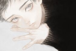 Rule 34 | 1boy, black sweater, closed mouth, eyelashes, grey background, grey eyes, hand up, highres, long sleeves, looking at viewer, lying, male focus, mame (mmgamegg), on side, original, portrait, short hair, simple background, solo, sweater, turtleneck, turtleneck sweater