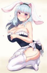 Rule 34 | 1girl, absurdres, alternate costume, animal ears, apron, azur lane, bare shoulders, black leotard, blue hair, breasts, cleavage, detached collar, dido (azur lane), fake animal ears, fake tail, frilled leotard, frills, full body, hand on own chest, heart, highres, huge breasts, kanno esuto, large breasts, leotard, long hair, looking at viewer, looking to the side, pink eyes, playboy bunny, rabbit ears, rabbit tail, simple background, solo, strapless, strapless leotard, tail, thigh strap, thighhighs, white thighhighs
