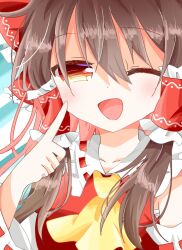 Rule 34 | 1girl, ascot, bow, brown hair, collarbone, collared shirt, detached sleeves, frilled bow, frilled hair tubes, frilled shirt collar, frills, hair between eyes, hair bow, hair tubes, hakurei reimu, highres, index finger raised, large bow, long hair, looking at viewer, one eye closed, open mouth, red bow, red eyes, red ribbon, red shirt, ribbon, ribbon-trimmed sleeves, ribbon trim, shirt, solo, touhou, upper body, wakana1327, yellow ascot