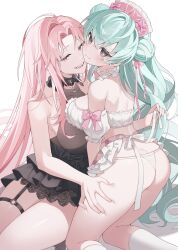 2girls absurdres aqua_hair ass black_dress blush breasts brown_eyes butt_crack cheek-to-cheek dress fang fingernails fundoshi grabbing_another&#039;s_ankles headdress heads_together highres japanese_clothes large_breasts lingerie long_hair lvemhrd medium_breasts multiple_girls open_mouth original pink_hair socks thighs underwear very_long_hair white_socks yuri