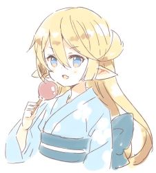 Rule 34 | 1girl, back bow, blonde hair, blue bow, blue eyes, blue kimono, blush stickers, bow, candy apple, charlotta (granblue fantasy), cropped torso, fang, food, granblue fantasy, hair between eyes, harvin, holding, holding food, japanese clothes, kimono, long hair, long sleeves, looking away, meito (maze), obi, open mouth, pointy ears, sash, sidelocks, simple background, solo, upper body, v-shaped eyebrows, very long hair, white background, wide sleeves