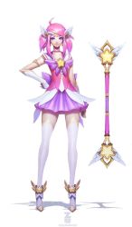 Rule 34 | 1girl, alternate costume, alternate hair color, alternate hairstyle, brooch, choker, concept art, earrings, elbow gloves, full body, gloves, hand on own hip, jewelry, league of legends, lux (league of legends), official art, pink hair, solo, standing, star (symbol), star guardian (league of legends), star guardian lux, thighhighs, tiara, wand, zeronis, zettai ryouiki