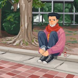Rule 34 | 1boy, 23011620x, ace attorney, black hair, blue pants, bush, day, denim, full body, highres, hugging own legs, jeans, long sleeves, male focus, mask, mouth mask, open mouth, outdoors, pants, pavement, phoenix wright, scarf, shoes, short hair, sitting, sneakers, solo, spiked hair, surgical mask, tree