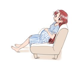 Rule 34 | 1girl, :d, aged up, barefoot, blush, commentary request, couch, dress, fang, from side, full body, hand on own stomach, ikezawa shin, leaning back, long hair, looking at viewer, looking to the side, mahou shoujo madoka magica, mahou shoujo madoka magica (anime), open mouth, pregnant, red eyes, red hair, sakura kyoko, short sleeves, simple background, sitting, smile, solo, striped clothes, striped dress, very long hair, white background