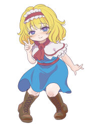 1girl alice_margatroid ascot blonde_hair blue_dress blue_eyes blush boots bright_pupils brown_footwear capelet closed_mouth commentary_request cookie_(touhou) cross-laced_footwear dress frilled_hairband frills full_body hairband head_bump highres ichigo_(cookie) looking_at_viewer red_ascot red_hairband simple_background smile solo touhou tsuzuchii w white_background white_capelet white_pupils