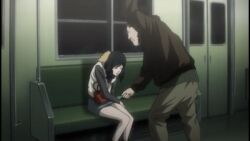 Rule 34 | 1boy, 1girl, background character, background characters, black hair, closed eyes, clothes pull, death note, embarrassed, knees together feet apart, miniskirt, red purse, screencap, sexual harassment, skirt, skirt pull, skirt tug, train interior
