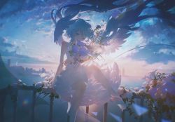 Rule 34 | 1girl, absurdres, aqua eyes, aqua hair, bare shoulders, blue sky, bouquet, building, cloud, cloudy sky, collared dress, commentary request, copyright request, dress, flower, foot out of frame, frilled dress, frills, gate, hair flower, hair ornament, hatsune miku, highres, holding, holding bouquet, konya karasue, long hair, looking at viewer, ocean, one eye closed, open mouth, pink flower, pink rose, plant, purple flower, rose, sitting, sky, sleeveless, sleeveless dress, smile, solo, sunlight, sunrise, swept bangs, teeth, twintails, upper teeth only, very long hair, vignetting, vocaloid, white dress, white flower, white rose