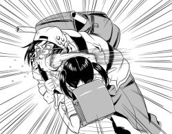 Rule 34 | 1000 (1000mm), backpack, bag, blouse, child, emphasis lines, greyscale, in the face, monochrome, original, otaku, punching, randoseru, runny nose, shirt, snot, striped clothes, striped shirt