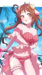 Rule 34 | 1girl, :o, a.f.o, animal ears, antenna hair, arknights, artist name, bare shoulders, bikini, blue sky, blush, breasts, bridal garter, brown eyes, brown hair, cleavage, collarbone, cowboy shot, day, eyjafjalla (arknights), eyjafjalla (summer flower) (arknights), flower, frills, gluteal fold, hair flower, hair ornament, hibiscus, highres, holding, holding staff, horns, lens flare, long hair, looking at viewer, medium breasts, navel, off-shoulder bikini, off shoulder, official alternate costume, open mouth, outdoors, palm tree, pink flower, red bikini, sheep ears, sheep girl, sheep horns, sky, solo, staff, swimsuit, tree, twitter username