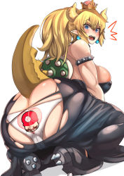 Rule 34 | 1boy, 1girl, areola slip, ass, bare shoulders, blush, bowsette, breasts, butt crack, crown, curvy, dress, embarrassed, facial hair, high heels, highres, huge ass, kneeling, large breasts, looking at viewer, looking back, mario, mario (series), mustache, new super mario bros. u deluxe, nintendo, nuezou, open mouth, panties, ponytail, print panties, sharp teeth, shell, sleeveless, sleeveless dress, squatting, strapless, strapless dress, super mario bros. 1, surprised, tail, teeth, torn clothes, torn dress, underwear, white panties