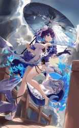 Rule 34 | 1girl, absurdres, bare shoulders, blue eyes, blue gloves, blue hair, breasts, bug, butterfly, china dress, chinese clothes, cloud, cloudy sky, dress, flower, full body, gloves, hair flower, hair ornament, high heels, highres, holding, holding umbrella, honkai (series), honkai impact 3rd, insect, kun kun, medium breasts, multicolored hair, oil-paper umbrella, outdoors, seele vollerei, short hair, sky, solo, standing, umbrella, white dress, white flower, white footwear