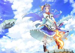 Rule 34 | 1girl, black headwear, blouse, blue hair, blue sash, blue skirt, blue sky, blush, boots, bow, bowtie, brown footwear, center frills, cloud, commentary request, cross-laced footwear, day, flaming sword, flaming weapon, floating hair, floating island, food, forehead, frills, fruit, hinanawi tenshi, keystone, lace-up boots, leaf, long hair, looking at viewer, open mouth, outdoors, peach, petticoat, planted, planted sword, planted weapon, puffy short sleeves, puffy sleeves, red bow, red bowtie, red eyes, rope, sash, shimenawa, shirt, short sleeves, sidelocks, skirt, sky, solo, standing, sword, sword of hisou, syuri22, touhou, v-shaped eyebrows, very long hair, weapon, white shirt