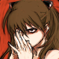 Rule 34 | 1girl, angry, brown eyes, brown hair, crazy eyes, furious, glaring, hair ornament, hairclip, neon genesis evangelion, own hands together, solo, souryuu asuka langley, staring