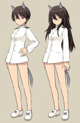 Rule 34 | 1girl, alternate hairstyle, animal ears, black hair, breasts, character sheet, female focus, full body, long hair, military, military uniform, shimada fumikane, short hair, simple background, solo, strike witches, strike witches zero, tail, uniform, wakamoto tetsuko, world witches series