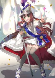 Rule 34 | 1girl, arknights, artist name, black thighhighs, blue sash, drum major, eihi, flag, green eyes, hat, hat feather, highres, holding, holding flag, long hair, long sleeves, looking at viewer, myrtle (arknights), myrtle (light gold celebration) (arknights), open mouth, pointy ears, red hair, sash, shako cap, shirt, signature, skirt, smile, solo, thighhighs, v, whistle, white flag, white hat, white shirt, white skirt