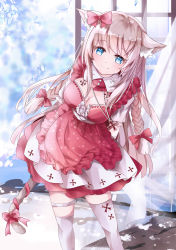 Rule 34 | 1girl, animal ear fluff, animal ears, apple, apron, arms behind back, blue eyes, blurry, blurry background, bow, braid, breasts, cat ears, cat girl, cat tail, closed mouth, curtains, depth of field, dress, feet out of frame, food, frilled apron, frills, fruit, grey hair, hair bow, highres, leaning forward, long hair, medium breasts, mutang, original, pleated dress, red apple, red bow, red dress, red ribbon, ribbon, short sleeves, smile, solo, standing, tail, tail ornament, tail ribbon, thighhighs, twin braids, very long hair, waist apron, white thighhighs, winter