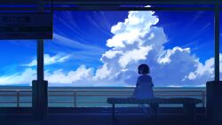 Rule 34 | 1girl, black hair, blue sailor collar, blue sky, blue theme, cloud, cloudy sky, commentary request, cumulonimbus cloud, from behind, highres, horizon, looking to the side, ocean, original, outdoors, sailor collar, scenery, shibainu illust, shirt, short hair, short sleeves, sitting, sky, solo, white shirt, wide shot