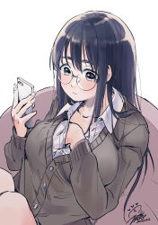 Rule 34 | 1girl, absurdres, brown eyes, brown jacket, cardigan, cellphone, closed mouth, collared shirt, dated, geshumaro, glasses, hand under clothes, heart, highres, holding, holding phone, jacket, long hair, long sleeves, looking at phone, original, phone, purple hair, round eyewear, grabbing own breast, shirt, signature, simple background, sitting, smartphone, solo, white background, white shirt, wing collar