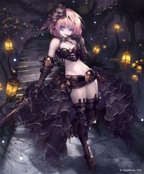 Rule 34 | 10s, 1girl, absurdres, armor, armored boots, black gloves, black thighhighs, blonde hair, blue eyes, boots, breasts, bustier, cleavage, company name, dark background, elbow gloves, finger to mouth, full body, gauntlets, gloves, greaves, grin, hair ornament, halloween, head tilt, highres, holding, holding sword, holding weapon, jack-o&#039;-lantern, lantern, midriff, navel, night, outdoors, pale skin, shingeki no bahamut, short hair, short shorts, shorts, showgirl skirt, skull, skull hair ornament, small breasts, smile, solo, stairs, standing, sword, tachikawa mushimaro, tattoo, thighhighs, weapon