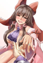 Rule 34 | 2girls, ascot, blue ascot, blush, breasts, brown eyes, brown hair, couple, detached collar, female pov, hakurei reimu, happy, jewelry, kochiya sanae, large breasts, long hair, looking at another, multiple girls, no bra, no panties, no shirt, outstretched arms, partially undressed, pov, ribbon, ring, smile, touhou, wedding band, wife and wife, yohane, yuri