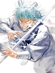 Rule 34 | 1boy, 28cg, absurdres, arm wrap, blue eyes, blue hair, electricity, fighting stance, foot out of frame, grey jacket, grey pants, grin, hands up, highres, jacket, jujutsu kaisen, kashimo hajime, male focus, pants, short hair, short twintails, smile, solo, staff, teeth, twintails, v-shaped eyebrows, veins, white background