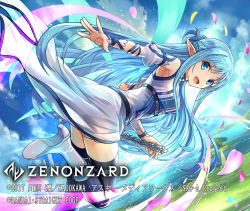 Rule 34 | 1girl, :d, armpits, asuna (sao-alo), black thighhighs, blue dress, blue eyes, blue hair, blue sky, boots, braid, breasts, cloud, cloudy sky, commentary request, day, detached sleeves, dress, falling petals, flying, from side, gloves, grey footwear, hokuyuu, holding, holding sword, holding weapon, long hair, looking at viewer, multicolored clothes, multicolored dress, official art, open mouth, outdoors, petals, pointy ears, purple thighhighs, sky, smile, solo, sword, sword art online, thighhighs, thighs, tree, weapon, white dress, zenonzard