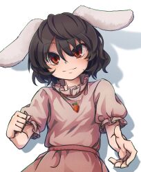 Rule 34 | 1girl, absurdres, animal ears, black hair, blush, carrot necklace, closed mouth, commentary request, dress, flat chest, floppy ears, frilled sleeves, frills, hair between eyes, highres, inaba tewi, jewelry, kusiyan, looking at viewer, necklace, pink dress, puffy short sleeves, puffy sleeves, rabbit ears, rabbit girl, red eyes, shadow, short hair, short sleeves, simple background, smile, solo, touhou, upper body, wavy hair, white background