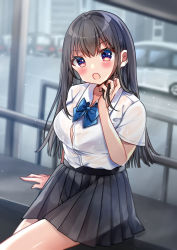 Rule 34 | 1girl, :o, arm support, bad id, bad pixiv id, black hair, black skirt, blue bow, blurry, blurry background, blush, bow, breasts, car, collarbone, collared shirt, commentary request, day, depth of field, dress shirt, hand in own hair, hand up, highres, long hair, looking at viewer, medium breasts, minami saki, motor vehicle, open mouth, original, outdoors, pleated skirt, railing, red eyes, shirt, short sleeves, sitting, skirt, solo, v-shaped eyebrows, very long hair, white shirt
