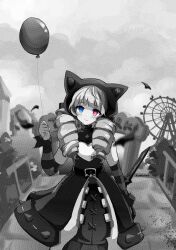 Rule 34 | 1girl, animal ears, balloon, belt, blue eyes, blush, bush, cloud, dress, drill hair, fake animal ears, feet out of frame, ferris wheel, gwen (league of legends), hand up, hat, heart, highres, holding, holding balloon, kureko0w0, league of legends, long sleeves, looking at viewer, outdoors, pantyhose, red eyes, smile, solo, soul fighter gwen, spot color, twin drills, twintails